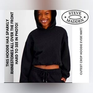 NWT! STEVE MADDEN AWESOME BLACK RHINESTONE HOODIE! STRETCHY WAIST BAND FOLDS IN!